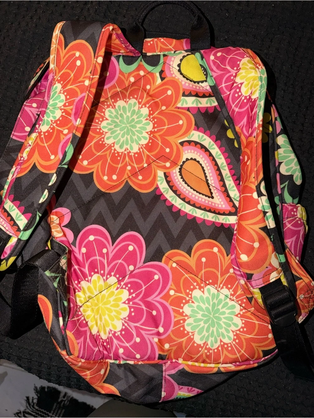 Vera Bradley Black Floral Backpack with Pink, Orange, Yellow and Green Flowers